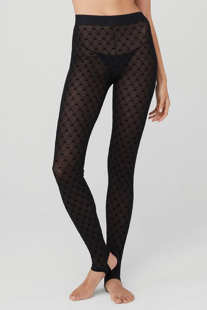 Alo Flocked High-Waist Chalet Chic Stirrup Tights - Black 1