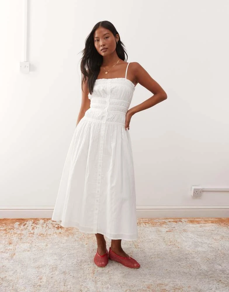 Miss Selfridge Miss Selfridge Petite poplin shirred body button through maxi  dress in white - Dresses & Skirts - Free Shipping - BeyondStyle