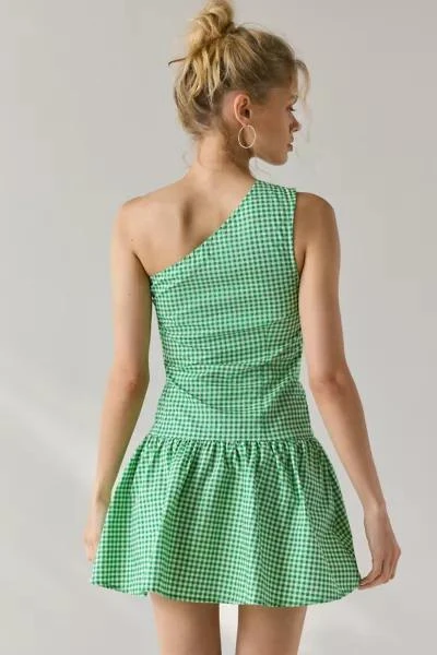 Motel Motel Munasa One-Shoulder Drop Waist Gingham Mini Dress 3