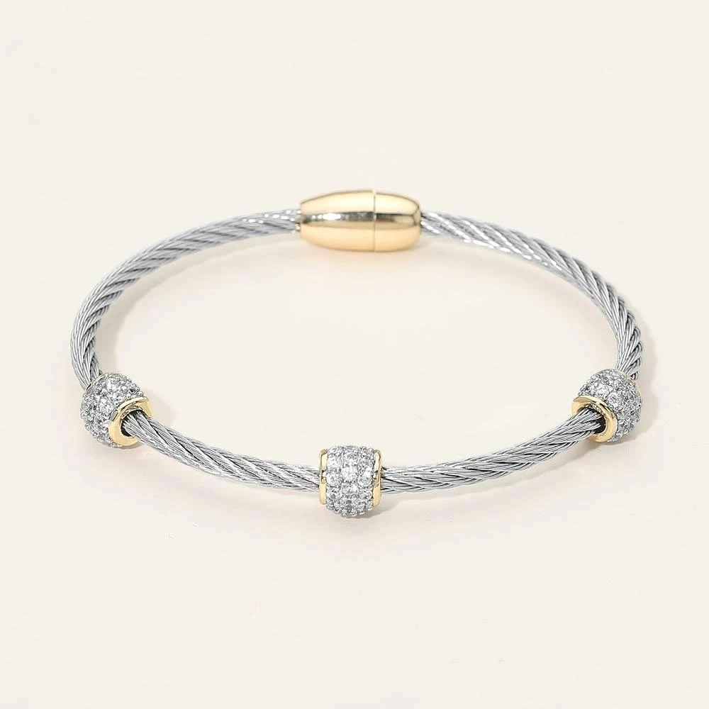 FASHNZFAB 14K Gold Plated Two Tone CZ Stone Paved Cluster Accent Twisted Magnetic Bangle Bracelet