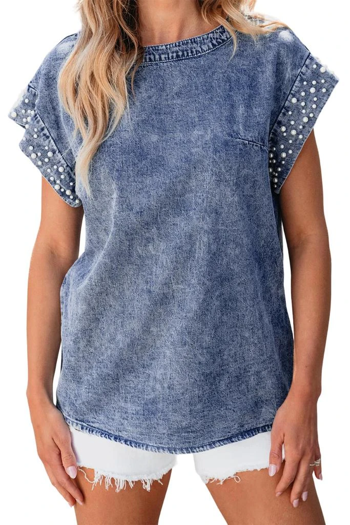 Umorger Denim Acid Wash Top With Pearl Embellished Sleeves In Dusk Blue 1
