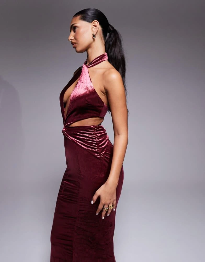 Velvet Halter Neck Maxi Dress in Wine - 6 | Oh Polly
