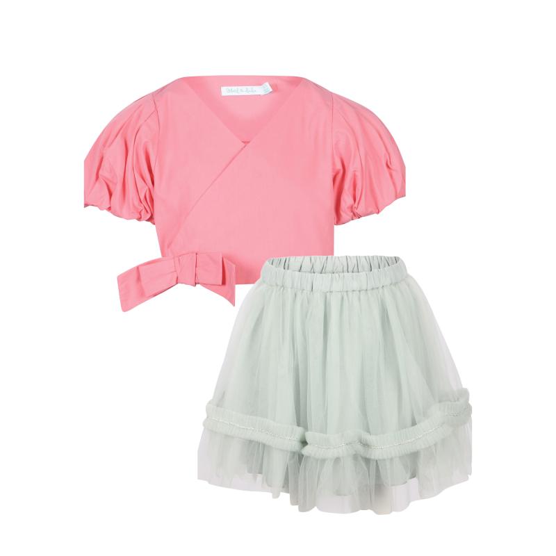 Abel & Lula Puffed sleeves poplin blouse and ruffled tulle skirt set in pink and jade green