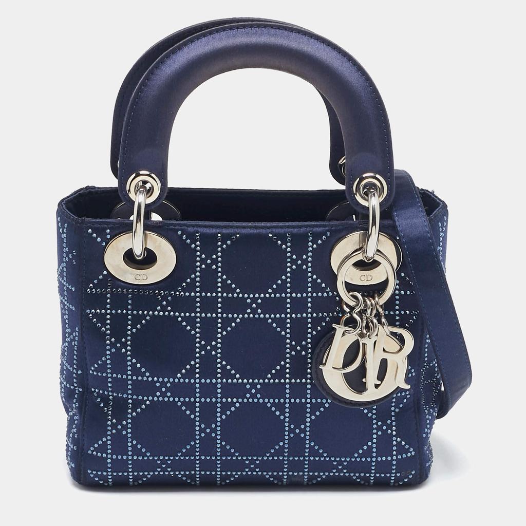 Shop Dior Navy Blue Cannage Crystal Satin Mini Lady Dior Tote on