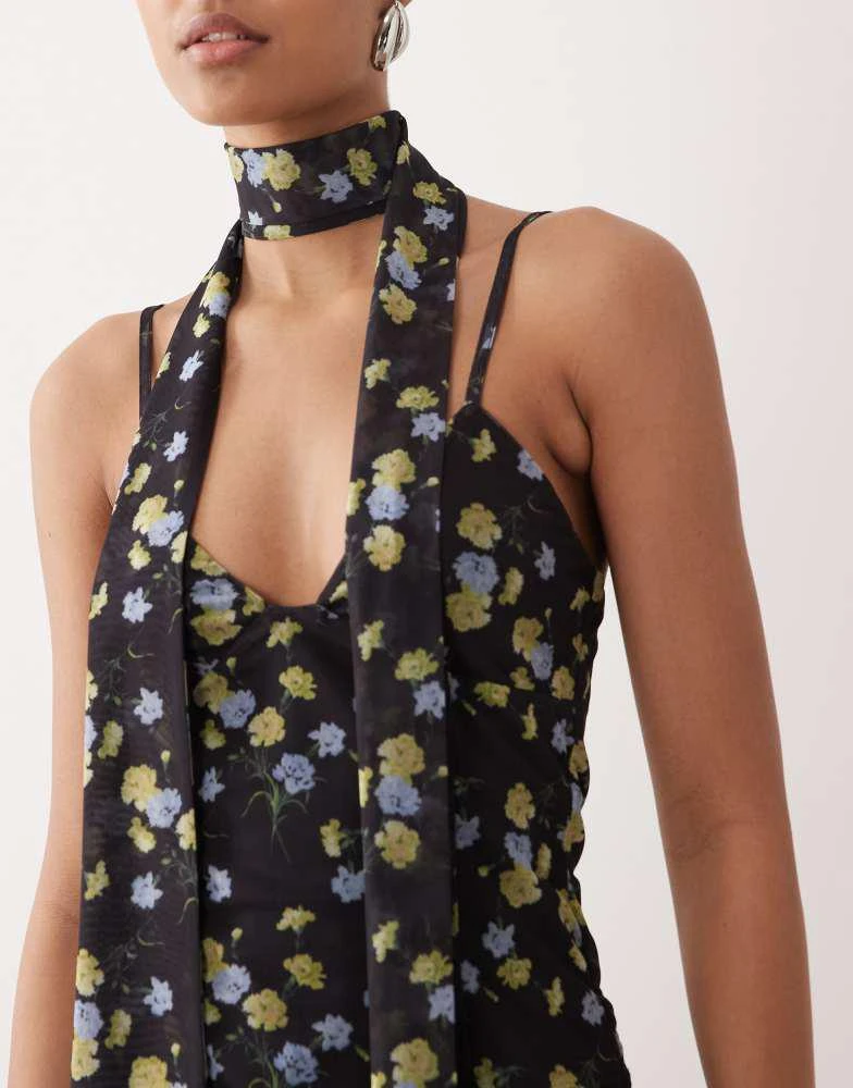 ASOS ASOS DESIGN printed mesh cami top with scarf detail in floral print 2