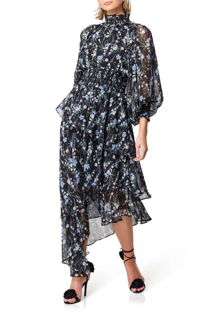Elliatt Wistfully Floral Print Tiered Asymmetric Hem Dress
