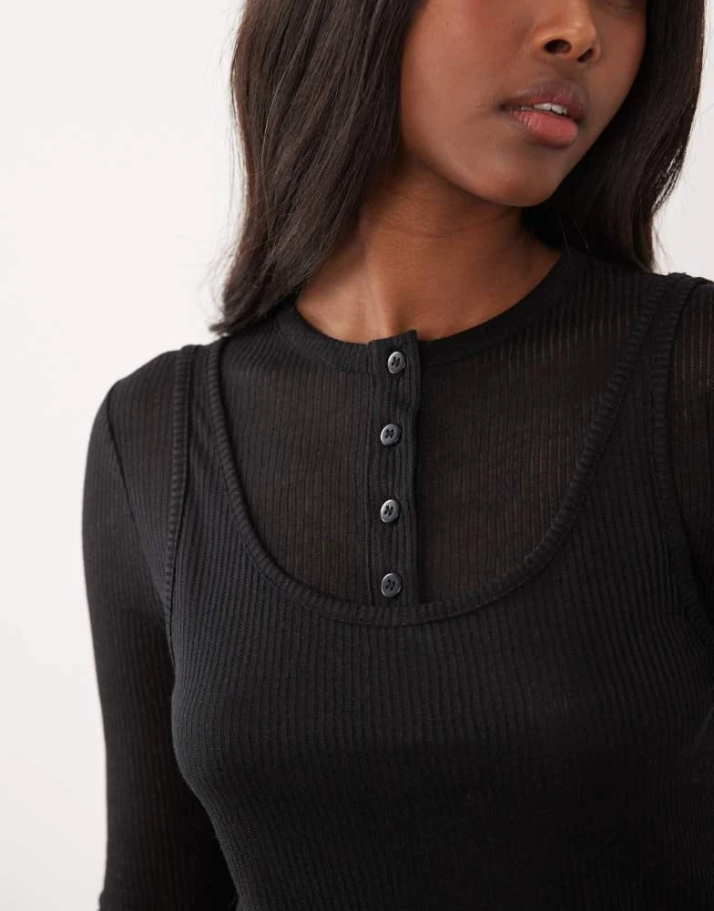 ASOS ASOS DESIGN sheer ribbed long sleeve double layer top in black 3