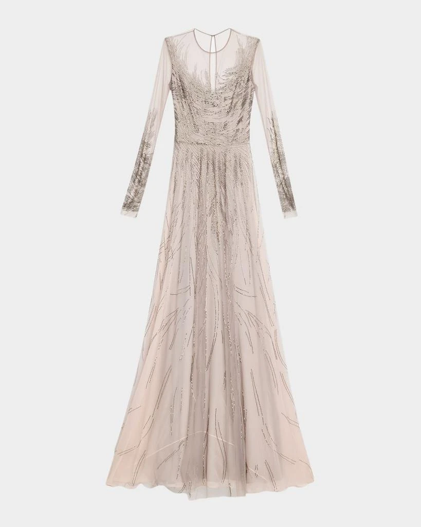 Naeem Khan Abstract Beaded Long-Sleeve Illusion Gown 1