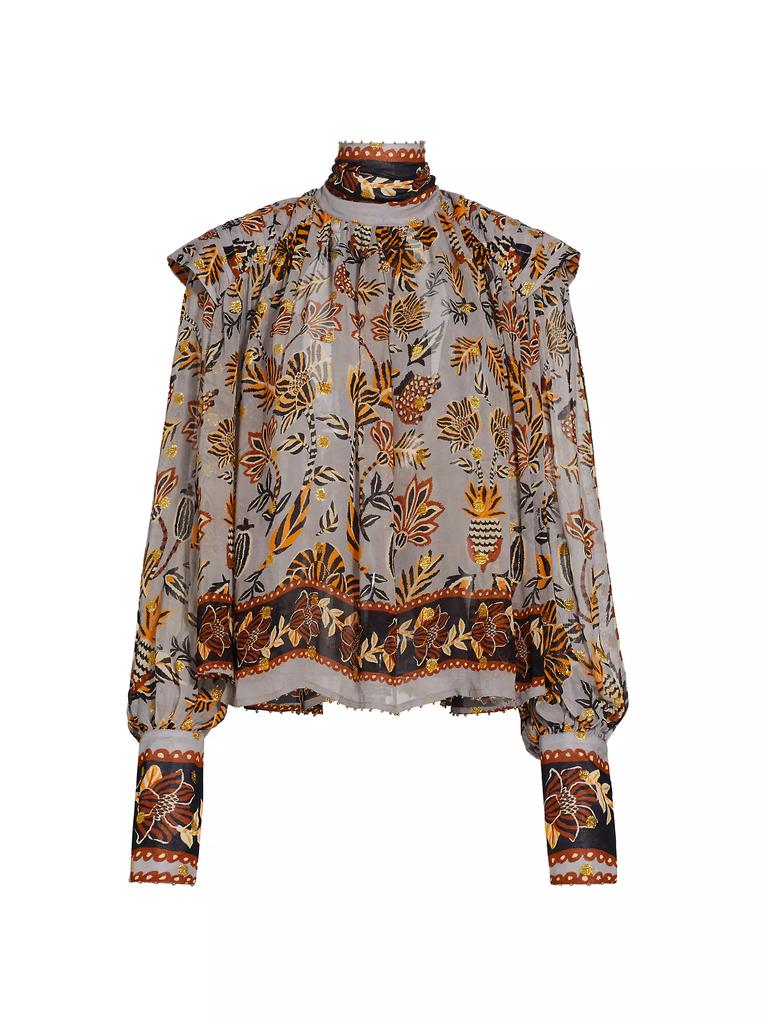 Farm Rio Floral Tapestry Embroidered Bishop-Sleeve Blouse