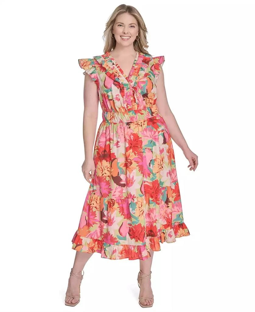 Vince Camuto Plus Size Printed Ruffle Flutter-Sleeve Tiered Midi Dress 1