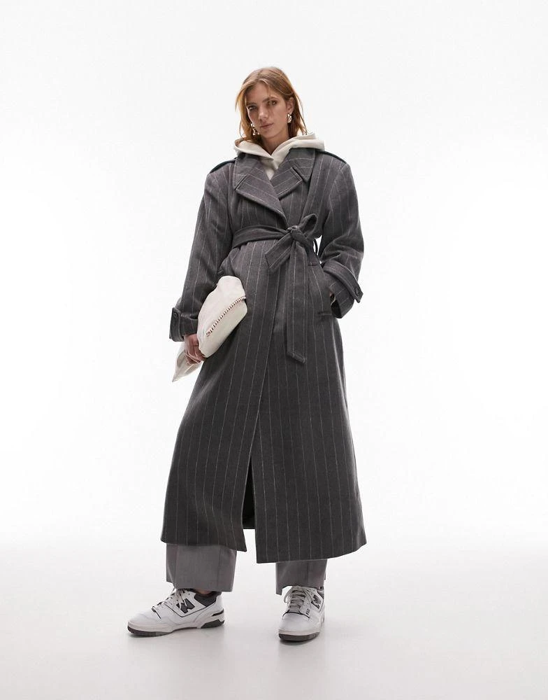 Topshop Topshop long-line wool blend coat in grey pinstripe 4