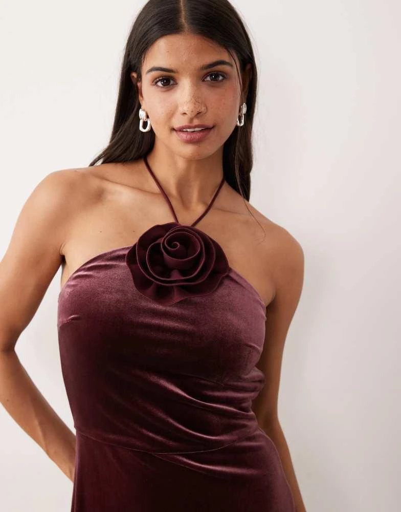 YAS YAS velvet halterneck maxi dress with rosette in burgundy 3