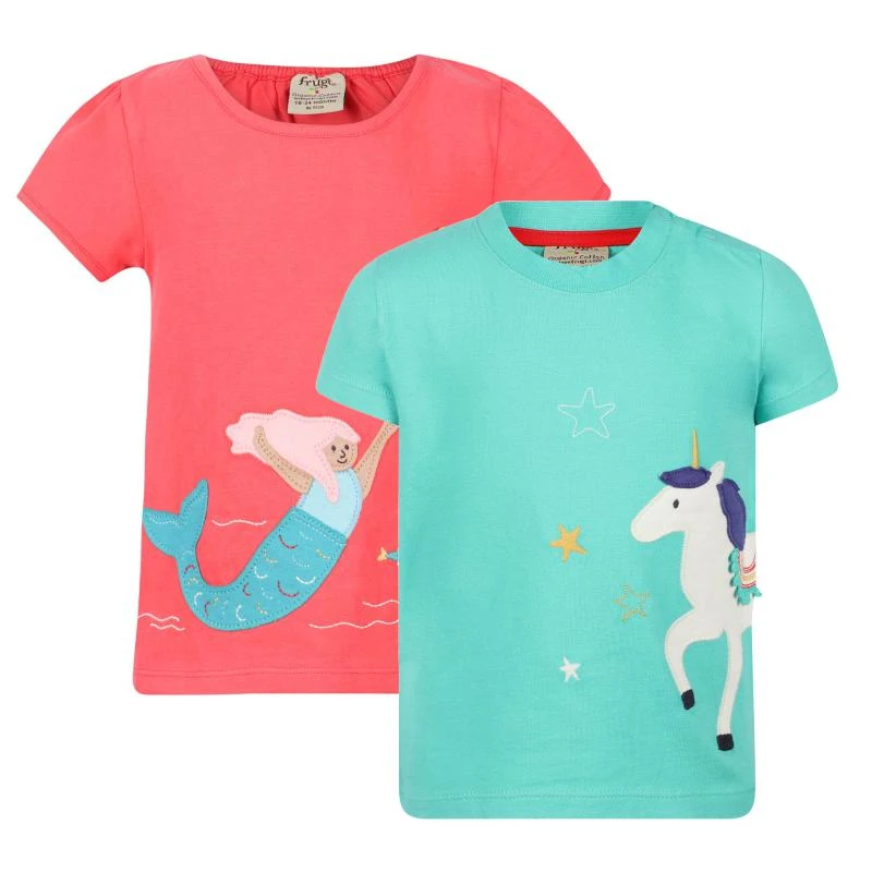 Frugi Appliqued mermaid and unicorn organic t shirt set in red and green 1