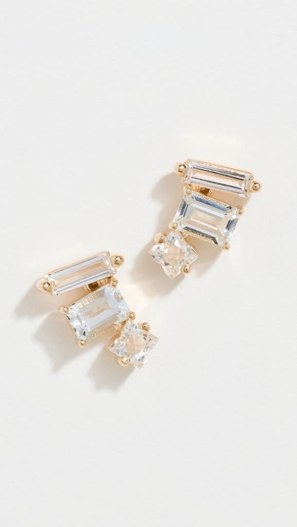 Suzanne Kalan 14k Yellow Gold Triple Mixed Shaped White Topaz Bar Studs