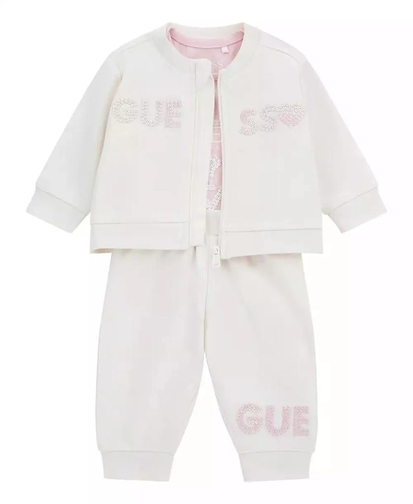 GUESS Baby Girl Short Sleeve Bodysuit, Active Zip-Up Sweatshirt, and Pant, 3-Piece Set 1