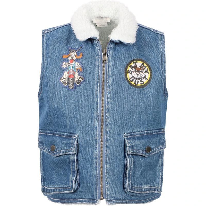 Stella McCartney Doggy rider faux fur lining denim gilet in blue 1