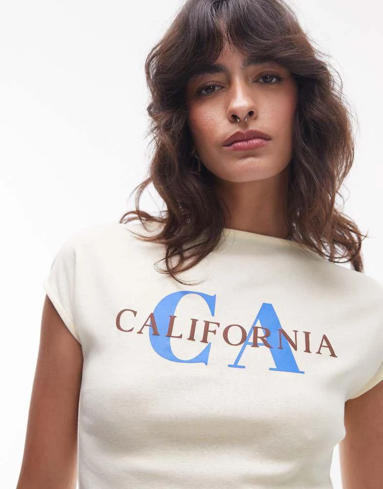 Topshop Topshop graphic California puff print cap sleeve baby tee in buttermilk 3