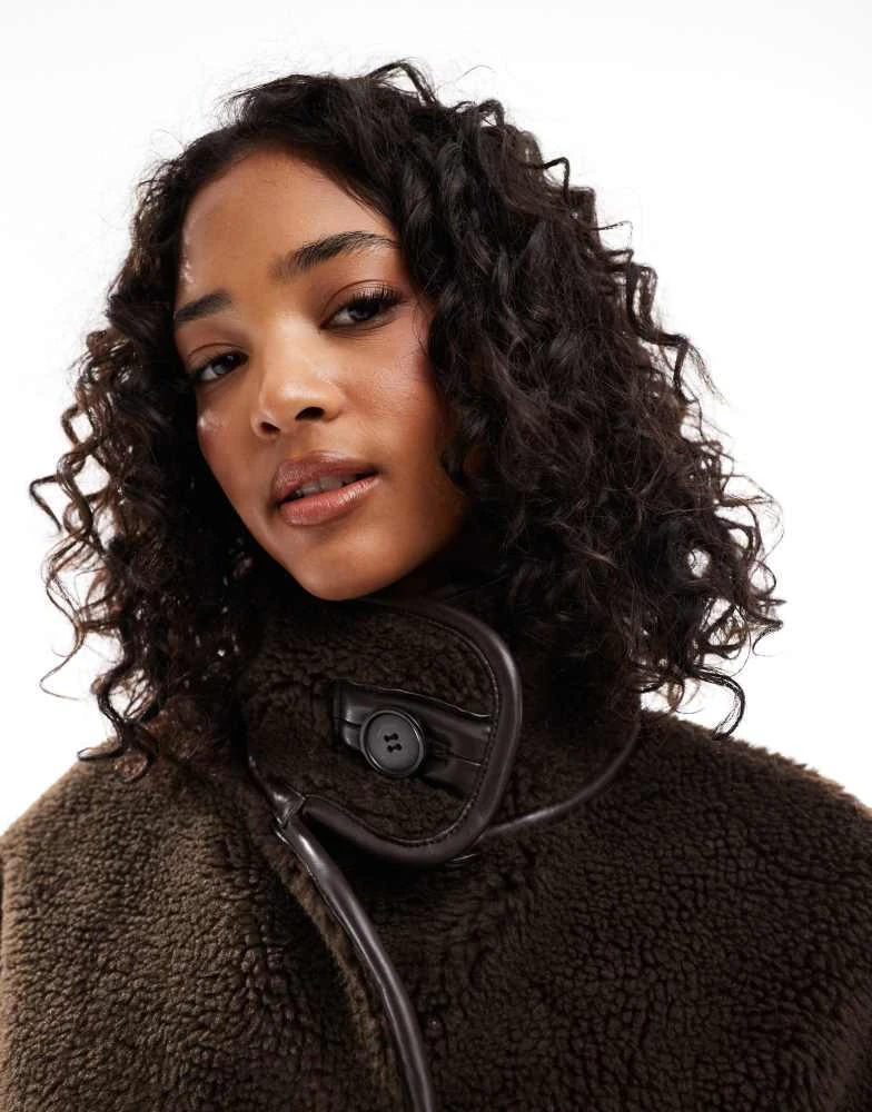 ASOS ASOS DESIGN borg funnel neck jacket in chocolate 3