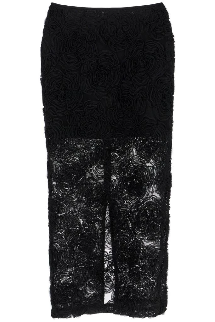 ROTATE Birger Christensen black recycled polyester floral mesh pencil skirt 1