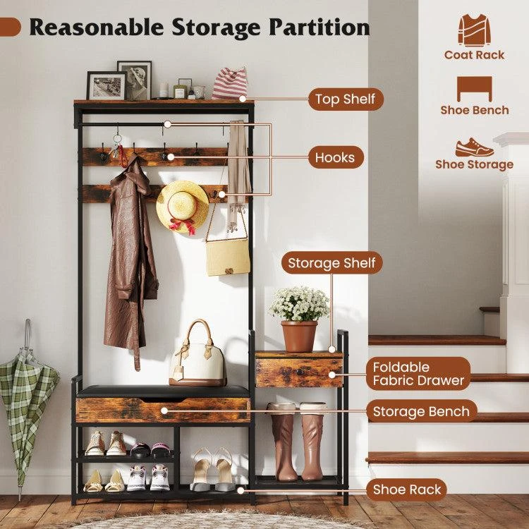 Hivvago 70 Inch Hall Tree with Shoe Storage Bench Freestanding Coat Rack-Rustic Brown 3