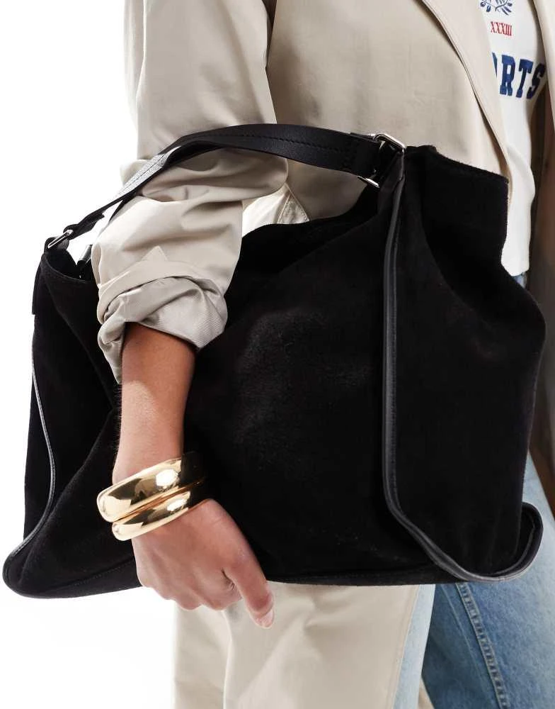 ASOS ASOS DESIGN large suede tote bag with leather piping detail in black 2