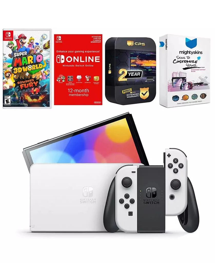 Nintendo Switch White OLED Console with Super Mario 3D World + Bowser s Fury , NSO 12 Month Family Membership, MightySkins Console and Controller Sk