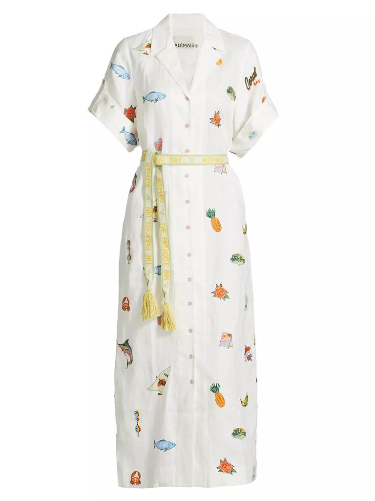 ALÉMAIS Blue Marlin Linen Embroidered Midi- Dress