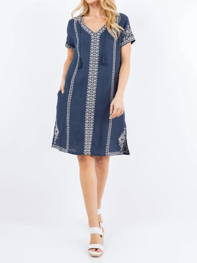 PAPARAZZI Double Face Guaze Embroidered Shift Dress In Navy - Navy - Small