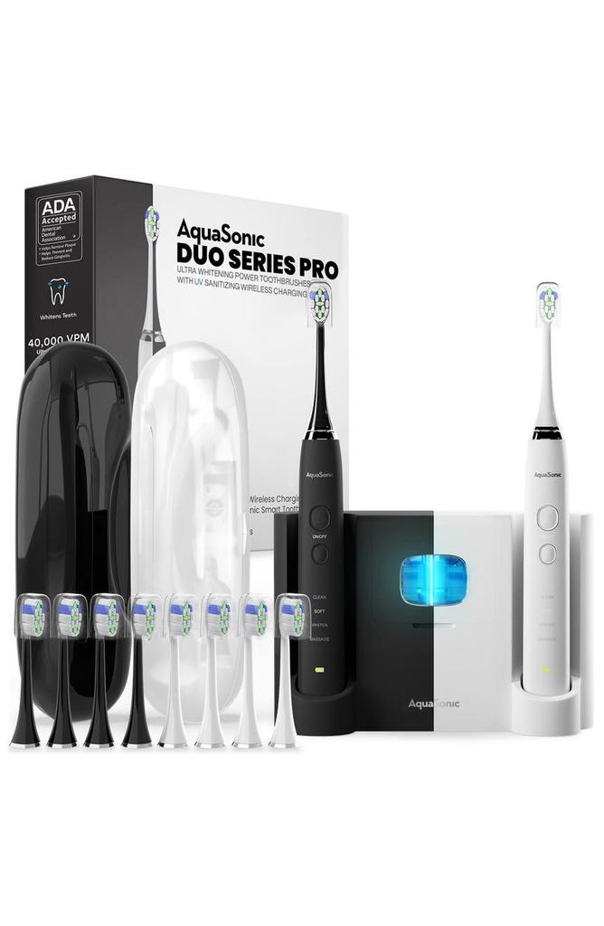 AquaSonic Duo PRO - Dual Handle Whitening Smart Toothbrushes with UV Sanitizing Base & 10 DuPont Brush Heads & 2 Travel Cases