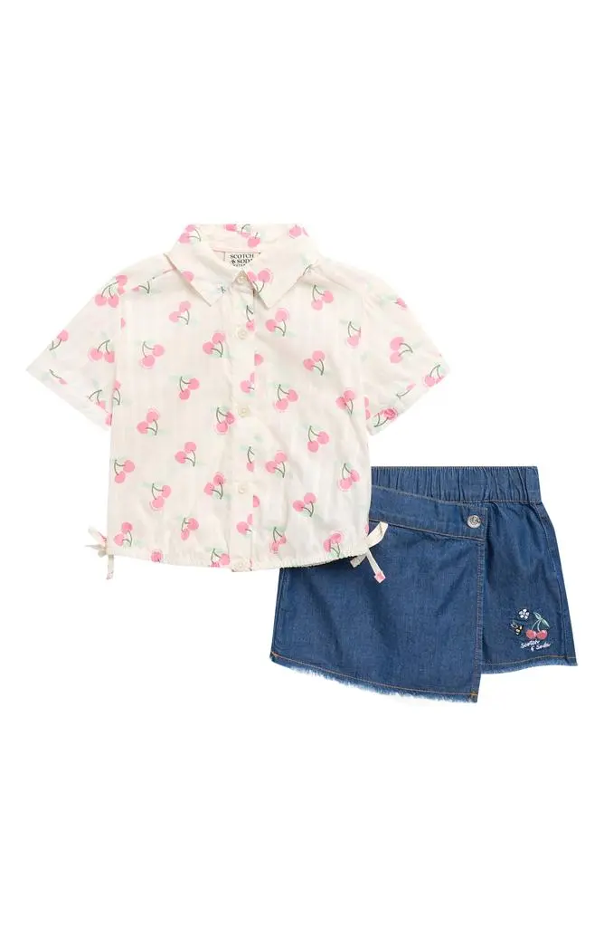 Scotch & Soda Scotch & Soda Kids' Cherry Stripe Short Sleeve Button-Up Shirt & Denim Skirt Set