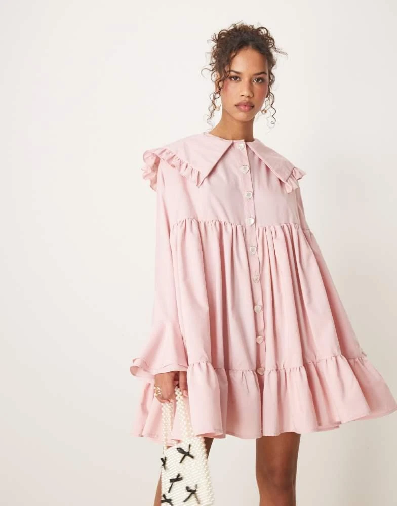 Sister Jane Sister Jane oversized collar frill mini dress with heart button detail in light pink 1