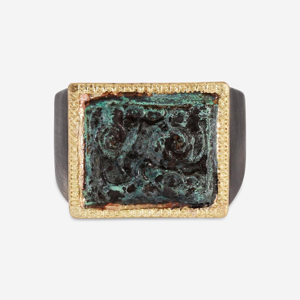 Armenta Armenta Romero 18K Yellow Gold & Blackened Sterling Silver Green Patina Cocktail Ring Sz. 6 19041
