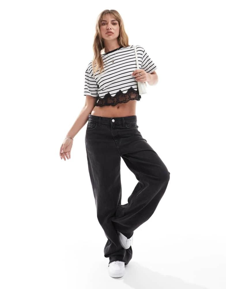 Miss Selfridge Miss Selfridge boxy short sleeve crop top with lace hem in mono stripe 2