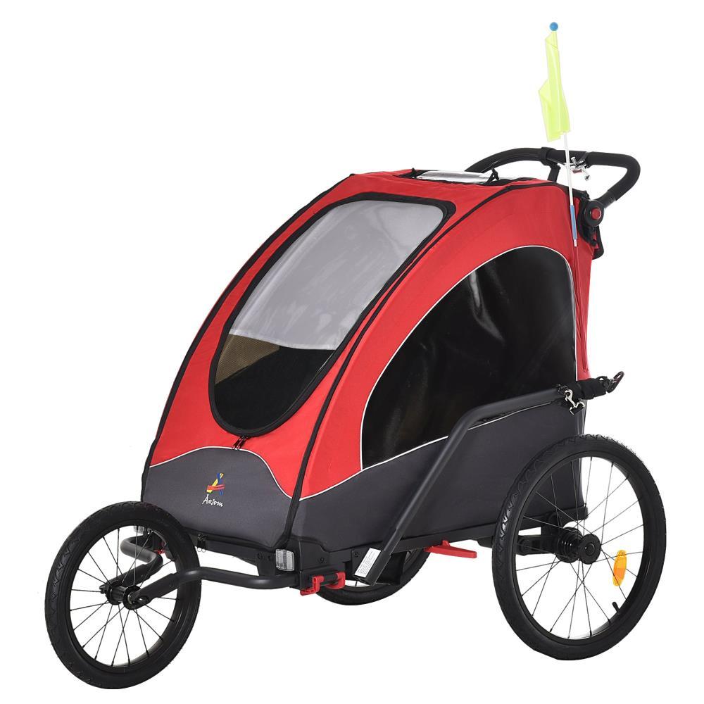 BreeBe Aosom Bike Trailer for Kids 3 In1 Foldable Child Jogger Stroller Baby Stroller Transport Carrier with Shock Absorber System Rubber Tires Adjustable Handlebar Kid Bicycle Trailer Red and Grey