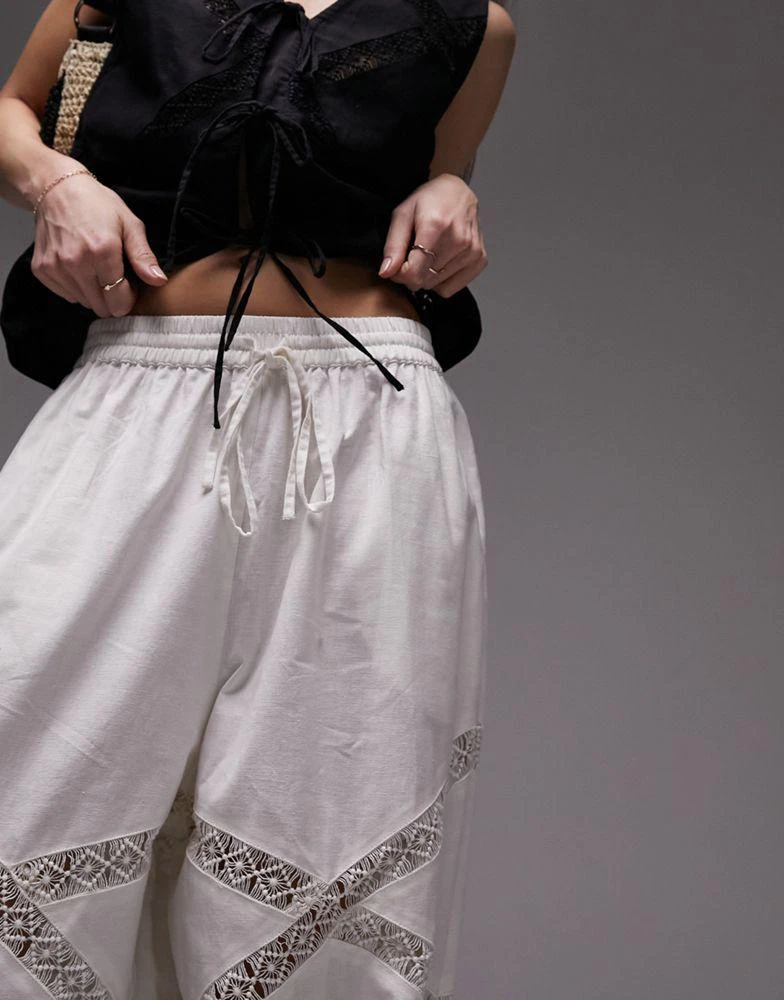 Topshop Topshop linen lace insert elasticated wide leg trouser in white 5