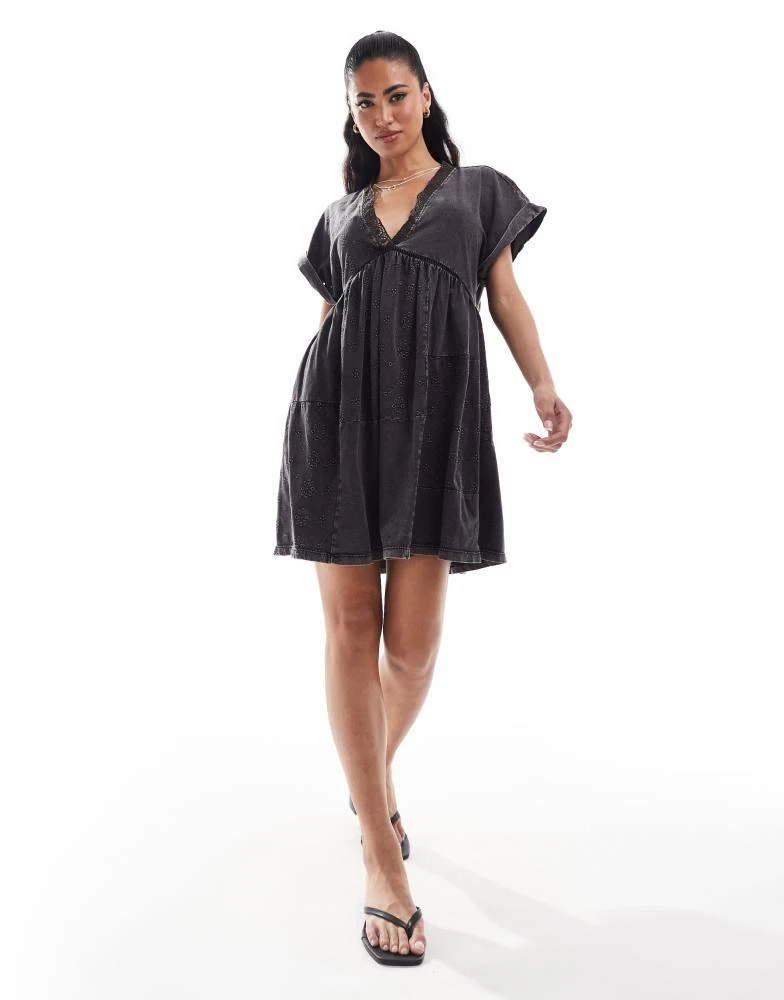 ASOS ASOS DESIGN v neck rolled up short sleeve with embroidery mini dress in charcoal wash 4