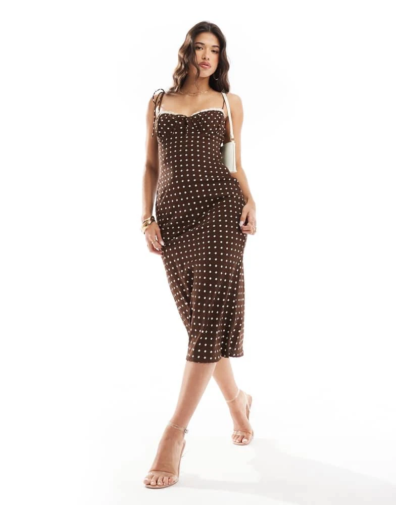 Love Triangle Love Triangle midaxi dress with lace trim in brown polka 1