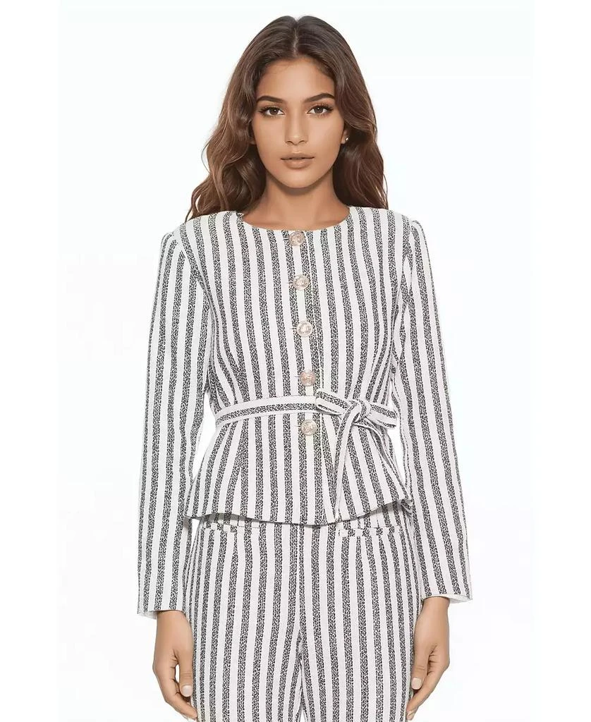 ALEXIA ADMOR Women
s Arjun Striped Long Sleeve Scoop Neck Sweater Jacket