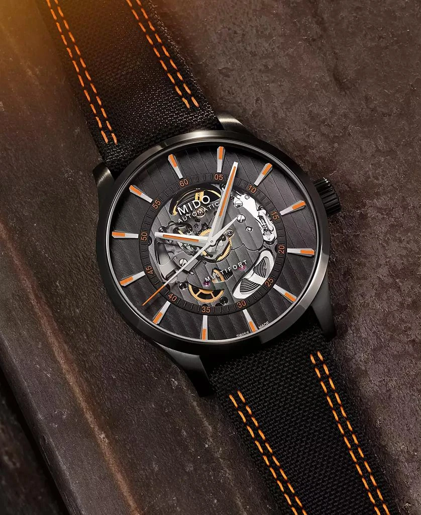 MIDO Men's Swiss Automatic Multifort Skeleton Vertigo Black and Orange Fabric Strap Watch 42mm 5