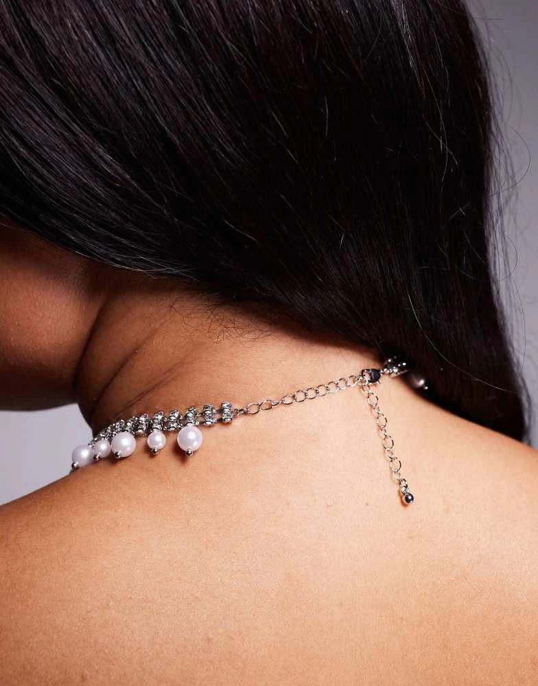 ASOS ASOS DESIGN choker necklace with crystal cupchain and faux pearl design in silver tone 3