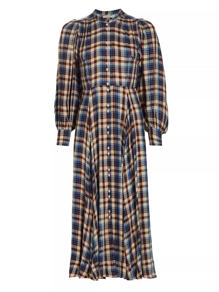 DÔEN Edlynne Plaid Balloon-Sleeve Midi-Dress