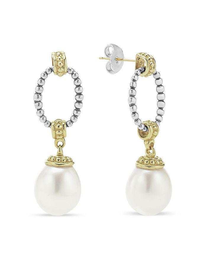 LAGOS 18k Gold & Sterling Silver Two Tone Cultured Pearl Oval Drop Earrings