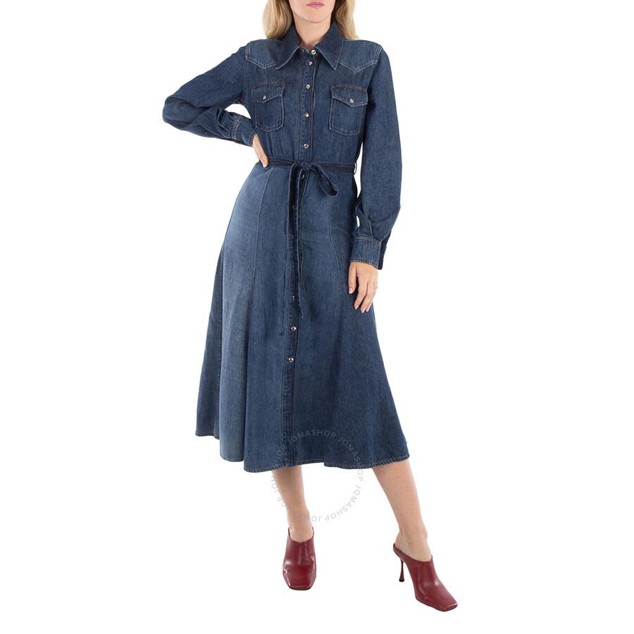 Chloé Ladies Multicolor Blue Belted Denim Shirtdress