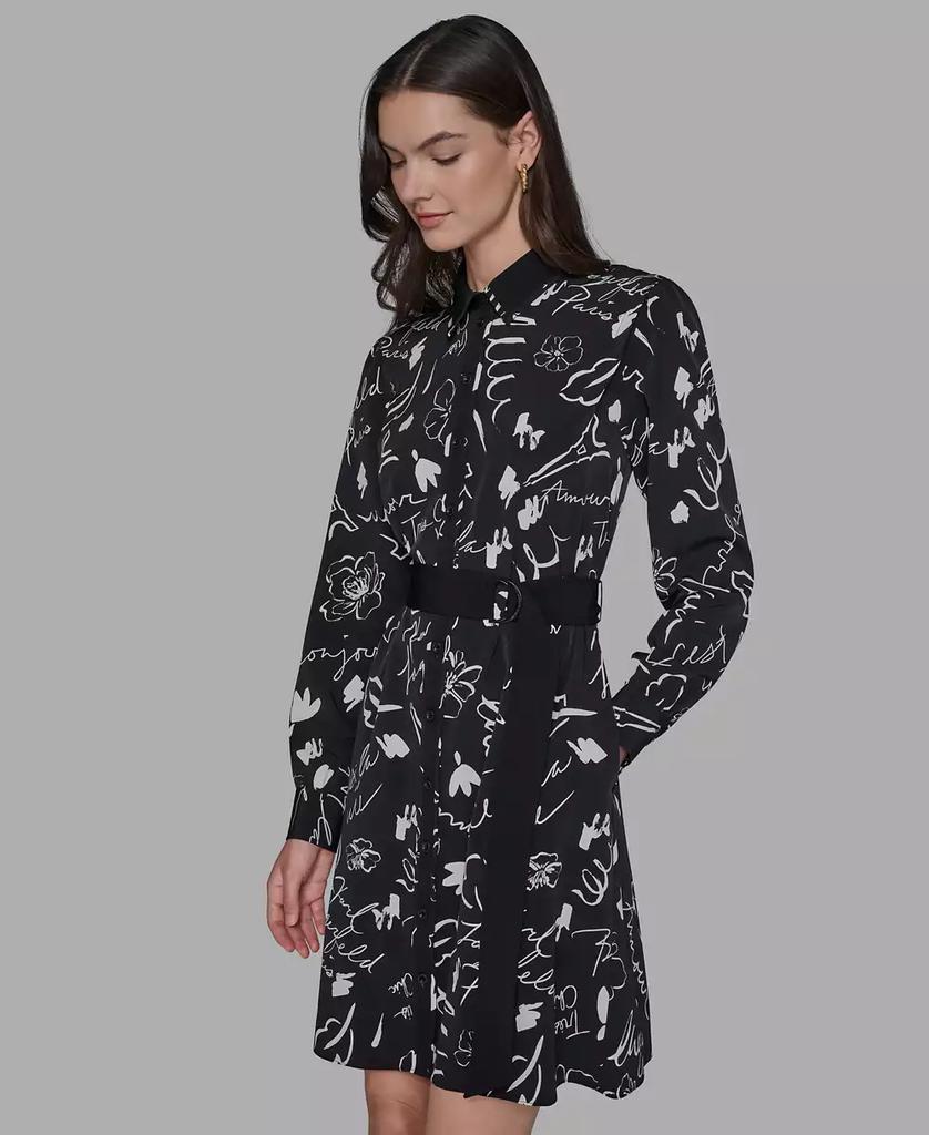 Karl Lagerfeld Paris Women's Printed Silky Crepe Belted Shirt Dress
