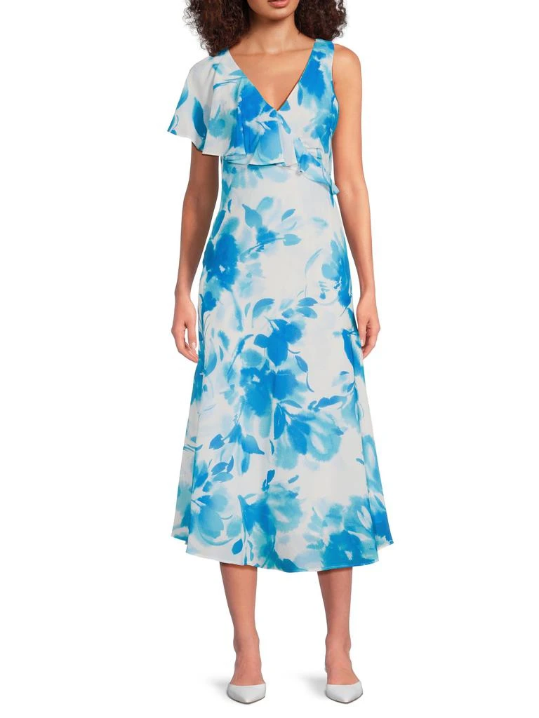HALSTON Floral Asymmetric Ruffle Midi-Dress - BLUE White - 10 HALSTON Floral Asymmetric Ruffle Midi-Dress - BLUE White - 10