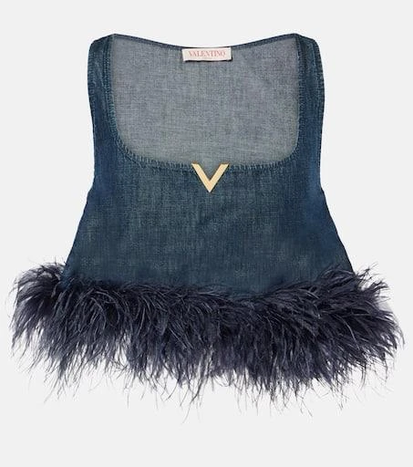 Valentino VGold feather-trimmed denim bra top 1
