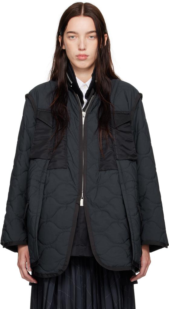 Sacai Navy & Black Rip Stop Quilted Coat - Coats - Save