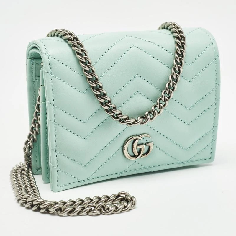 Gucci Gucci Light Mint Green Matelassé Leather GG Marmont Compact Wallet on Chain 4