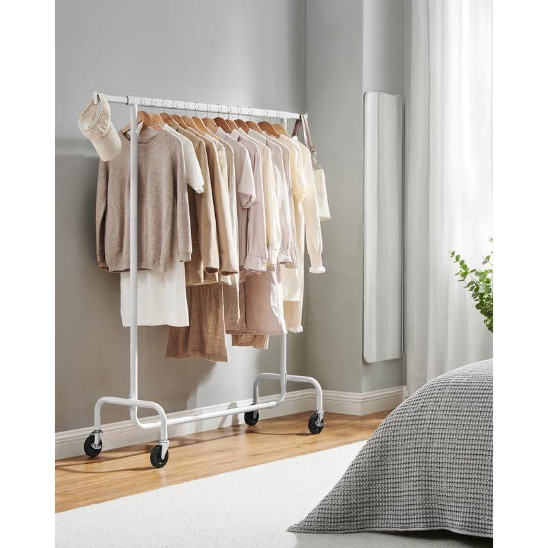 QuikFurn Heavy Duty White Metal Garment Rack Clothes Hanging Bar on Wheels