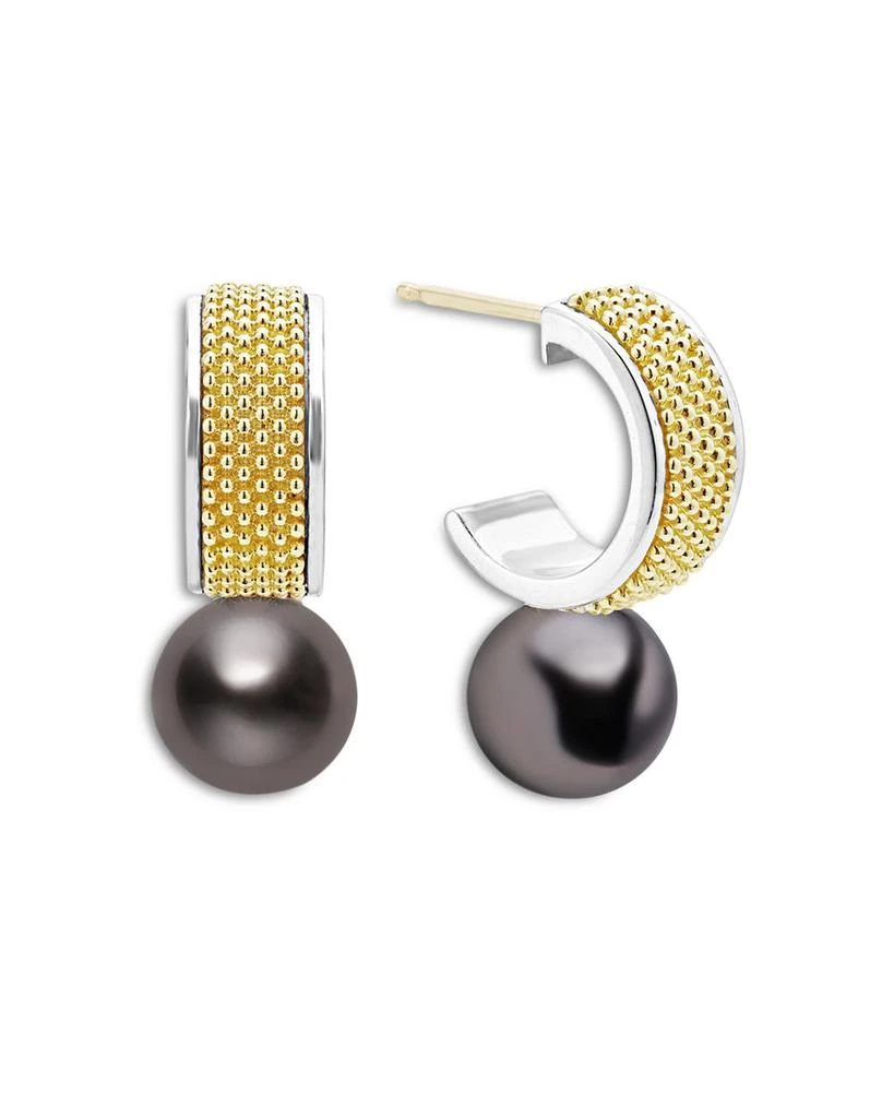 LAGOS 18K Yellow Gold & Sterling Silver Luna Black Tahitian Pearl Half Hoop Earrings 3